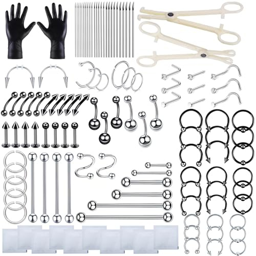 HOINCO 124Pcs Piercing Kit pour tous les piercings du corps avec des outils de piercing pour les oreille bouton langue cartilage et plus encore avec 12G 14G 16G 18G 20G aiguille de piercing.(Black)