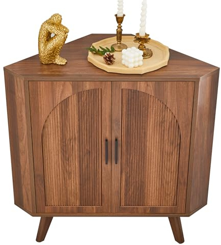 BERRYMERRY Fluted Corner Cabinet with Storage,Space Saving Corner Floor Cabinet with Adjustable Shelve & Arched Profile Door for Living Room Kitchen Bathroom (Brown, 15.7”D x 31.5”W x 30.7”H)