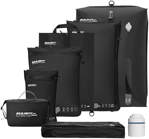 EULANT Bolsas Compresion Organizadoras Maleta para Viaje, 4 Bolsas al Vacío + 1 Bolsa para Zapatos + 1 Bolsa de Impermeables, Organizador de Viaje para Equipaje de Mano, IPX8 Cremallera Hermética