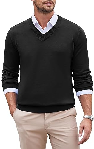 COOFANDY Jersey de Punto Fino para Hombre con Cuello en V, Suéter Estilo Business Casual, Jersey Clásico de Color Liso para Otoño e Invierno Negro L