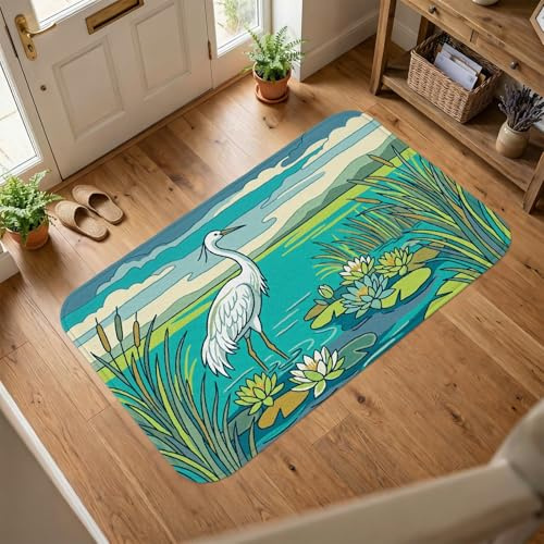 Tappeto con aironi, con gigli tropicali e canne, estivo, turchese, antiscivolo, estetico, rettangolare, con accenti decorativi, per bagno, ingresso, comodino, lavanderia, 90 x 15 cm