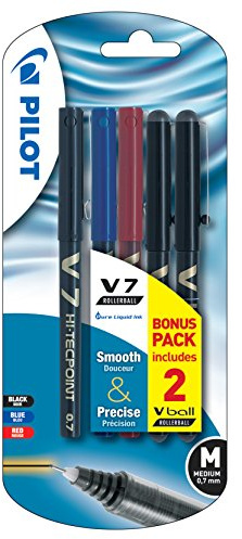 Pilot V7 0.7 mm Liquid Ink Rollerball Pen - Black/Red/Blue (Pack of 5)