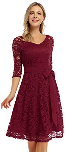 KOJOOIN Robe de Soirée Femme Dentelle Audrey Hepburn 1950 Robe Vintage Rétro Élégant Robe de Cocktail années 50 Rockabilly Bordeaux(Manches 3/4) M
