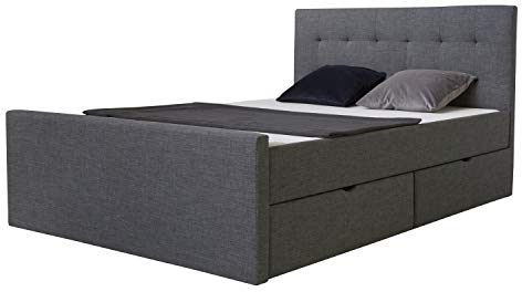 Homestyle4u Polsterbett 140x200 mit Bettkasten Stauraum Lattenrost Doppelbett mit 2 Schubladen Kopfteil Bett Dunkelgrau Schlafzimmer