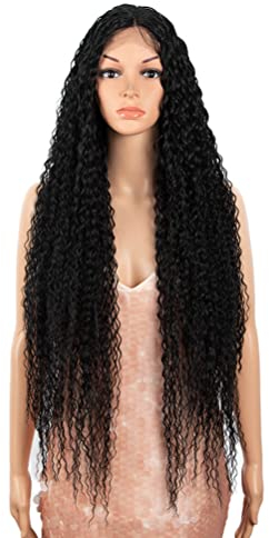 Style Icon 38” Long Curly Wig Lace Front Wigs Synthetic Wigs with Baby Hair Half Hand Tied 130% Density Hair Replacement Wigs (1B)
