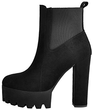Only maker Bequeme elastische Plateaustiefel für Damen runde Zehe klobige High Heel Pull on Ankle Booties Black EU 46