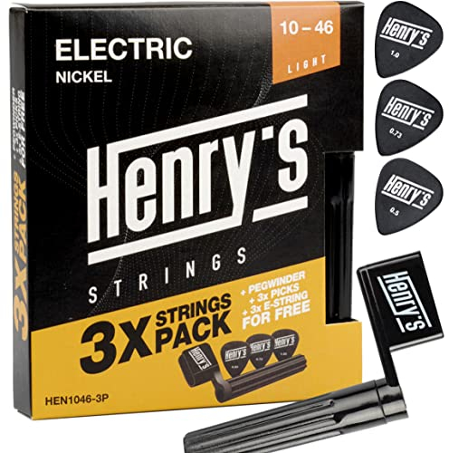 Henry's strings 3er-Pack Gitarrensaiten für E-Gitarre – Saiten für E-Gitarre 10–46 – Extra E1-Saite & 3 Plektren & Saitenkurbel gratis – E-Gitarrensaiten 6 1 Saitenset – E-Gitarrensaiten