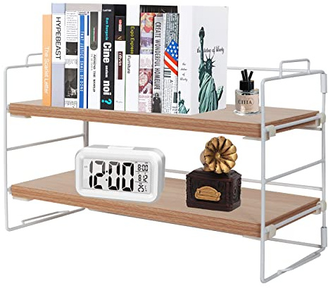 powerking Skrivbordshylla, 2 nivåer vitmålad metallram och original teakbräda skrivbordshyllor, trä mångsidig display bokhylla förvaringsställ för bord, kontor och läsrum