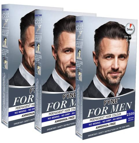 FYNE - Medium Brown Permanent Hair Colour | Pack of 3 | Grey Hair Colouring for Men with Comb Applicator Included | Natural-Look Hair Dye | No Mixing Ready to Apply | Ammonia and Cruelty-Free