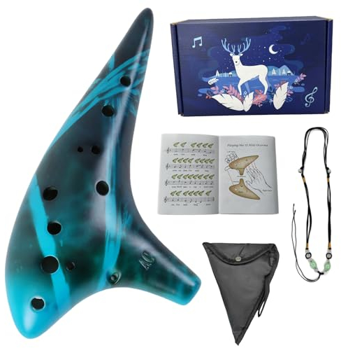 Mulucky Ocarina 12 Loch Alto C Smokey Straw Gebrannte Keramik Okarina mit Liederbuch für Anfänger, Geschenkidee (Blau)