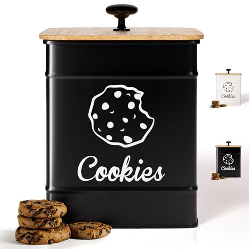 Cookie Jar with Airtight Lid - 1 Gallon - 6D x 8H Iron Cookie Tin with Bamboo Lid - Large Cookie Jars with Lids Airtight - Farmhouse Cookie Jars for Kitchen Counter Decorative - Cookies Jar
