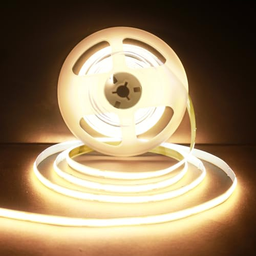 JASKFG COB Led Strip, 5M 3000K Warm White LED Strip Lights DC12V,480LEDs/M, CRI 90+, Easy DIY Home Decor Installation, Home DIY Lighting [Energy Class A] (Warm White, 5M COB 12V)