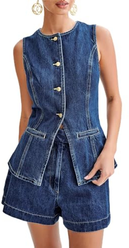 Edhomenn 2024 Women's Denim V-neck Button Down Jean Vest Fashion Waistcoat Y2k Summer Tank Top Streetwear (03 Blue, M)
