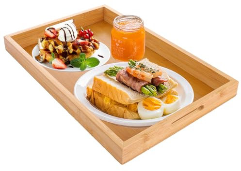 ASelected Bamboo Trays with Handles - Rectangular Platter for Food, Drinks, Breakfast, Lunch, Dinner - 1 Large Tray, 38 x 25 x 4 Cm, Log