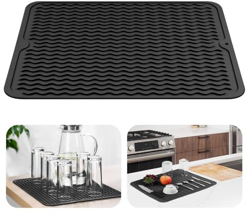 OSDUE Tapis Egouttoir Vaisselle, 30x 40 CM Tapis de Séchage Vaisselle en Silicone, pour Égouttoir Vaisselle de Cuisine, Un Séchage Rapide, Résistant à la Chaleur Antidérapant - Noir