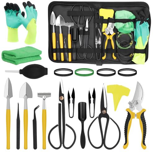 FOONNUN Kit Bonsai 25 Pièces Outils Bonsai, Kit De Jardinage, avec Fil De Ligature pour Les Bonsaïs, Ciseaux pour Bonsaï, Mini Râteau Et Pelle, Sécateurs De Jardin, Gants De Jardin