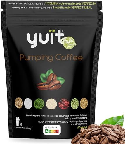 YUIT - Batidos Sustitutivos de Comida con 31 vitaminas y Minerales + Probióticos - Batido Proteico con 35gr de proteínas - Comida Real y Natural - Batido dietético saciante (POWDER Pumping Coffee)