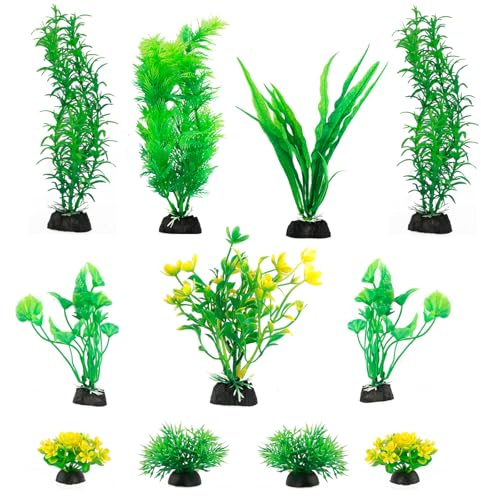 FENGQQKJ Decoración de acuario, accesorios de acuario, plantas acuáticas artificiales, mini estanque, plantas de plástico, peceras, tortugas, decoraciones de acuarios, color verde y amarillo, 11