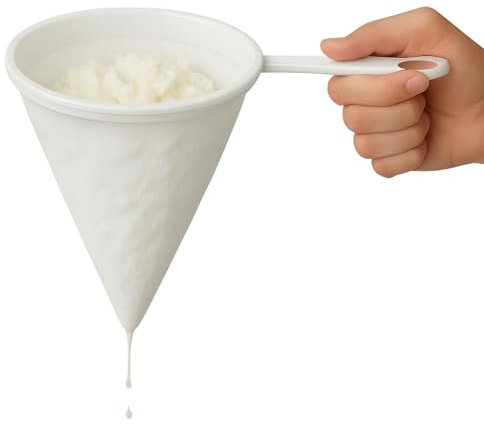 CHEFZOCO Colador de Cocina Multiuso de Tela, Colador kefir, Utensilio para colar cafe, Filtro Eficiente para Aceite y Jugos, Mango de plástico, Con 2 ganchos de sujeción, Diámetro del colador 10 cm