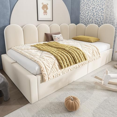 TIZZ Letto imbottito Daybed 90x190 cm, letto diurno divano letto con vano portaoggetti idraulico, letto per bambini con rete a doghe in metallo, velluto, beige, senza materasso