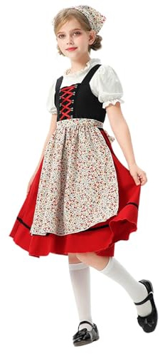 Générique Dirndl Allemand pour Petite Fille, Tenue Halloween Carnaval Costume Oktoberfest Robe Traditionnelle Allemande Medieval Enfant Traditionnel Bavarois Party Fille 2-13 Ans |