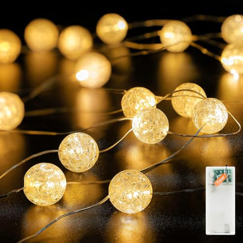 Auting Catena luminosa sfere di cristallo decorazione, 2M sfere di cristallo Crackle catena luminosa con 20 luci LED batteria con timer, catena luminosa decorazione per interni, Natale, San Valentino