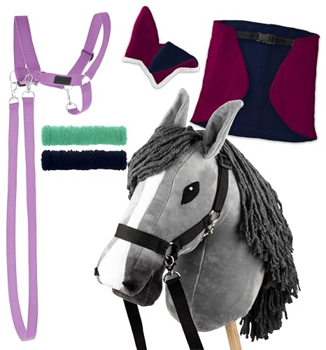 SKIPPI Set Hobby Horse Gris, Manta y Orejeras - Fucsia y Azul Marino, 2 Cabestros y Riendas, A3 Gran Caballo de Palo y Hobby Horse Accesorios para Hobby Horsing