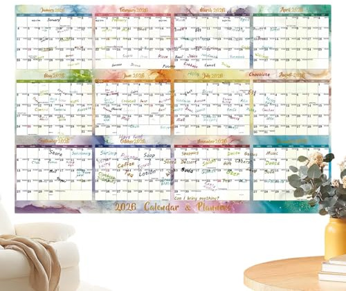 Calendario da parete annuale 2026 - Carta patinata 122x81 cm | Pianificatore plastificato a secco per casa, ufficio, scuola, , famiglia di studenti professionisti | Calendari da parete