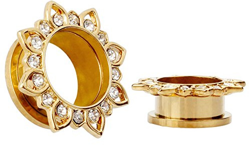 KUBOOZ Jewelry Gold Plated Flower Stainless Steel Crystal Gems Screw Back Ear Plugs Gauges Sold In Pairs, Stainless Steel