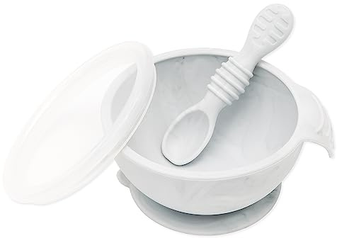 Bumkins Suction Silicone Baby Feeding Set, Bowl, Lid, Spoon, BPA-Free, First Feeding, Baby Led Weaning - Marbled