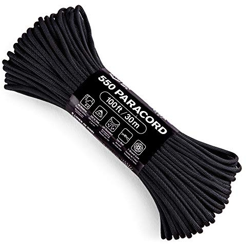 Atwood Rope MFG 550 Paracord 100 Feet 7-Strand Core Nylon Parachute Cord Outside Survival Gear Made in USA | Lanyards, Bracelets, Handle Wraps, Keychain (Black)