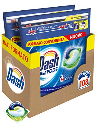 Dash Pods All in 1 Detersivo Lavatrice in Capsule, 108 Lavaggi (2 x 54), Classico, Rimuove le Macchie, Brillantezza Per Tutti I Capi, Efficace Anche a Bassa Temperatura