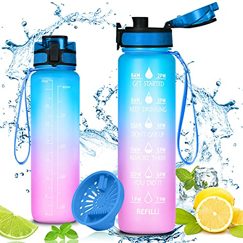 Flintronic Vattenflaska, 1000 ml Tritan vattenflaska, BPA-fri Läckagesäker Sport Vattenflaska, Flip Topp Sportflaska med Filter Mixer Boll Rengöringsborste för Skola Gym Utomhus - Blå Pulver