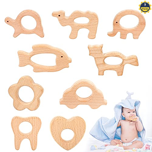 Set de Dentition Bois 9 Pcs Anneaux de Dentition en Naturel Anneaux de Dentition d’Animal Bois Poisson Chat Fleur Pendants en DIY Bricolage