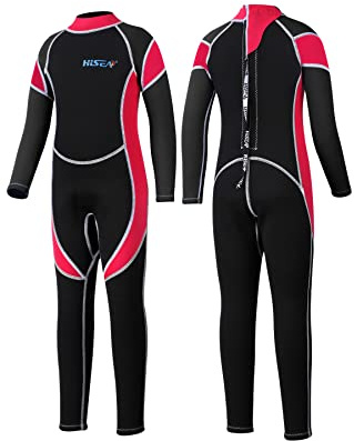 Yikayin Neoprenanzug Kinder Lang, 2.5mm Neoprenanzug Jungen Mädchen Rücken-Reißverschluss, Neopren Kinder Thermo zum Schwimmen, Tauchen, Schnorcheln, Surfen, SUP - Rot M