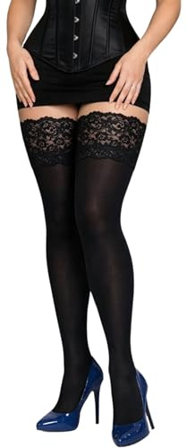 JUST BEAUTY TOUCH Opaque Hold-ups 100 Denier 15 cm Deep Lace Top New Size S - 4XL Winter Autumn Hold ups