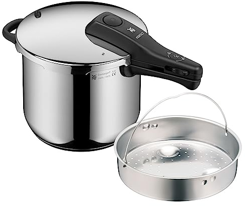 WMF Perfect Schnellkochtopf Induktion 6,5l, Dampfkochtopf mit Einsatz, großes Kochsignal, 2 Kochstufen, abnehmbarer Deckelgriff, Cromargan Edelstahl