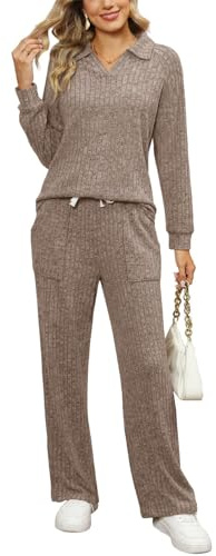 SotRong Ribbed Knitted Loungewear Sets for Women uk Petite Two Pieces Activewear Sets Cosy Pyjamas Ladies Leisure Suits Khaki M