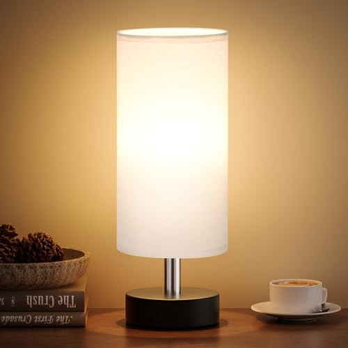 Kakanuo Nachttischlampe mit 3 Farbtemperaturen, Weiß Tischlampe mit Schalter, Leinen-Lampenschirm, Kleine Nachttisch Lampe für Wohnzimmer Schlafzimmer Büro Kinderzimmer(LED Birne Inklusive)