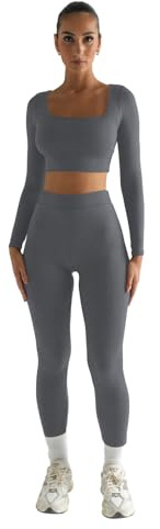 Havejoy Vetement Sport Femme Fitness Ensemble Deux Piece Legging et Crop Top Col Carré Tenue de Yoga Fitness Casual Survêtement Hiver pour Jogging Gymnastique Training Danse Pilate Workout Sweatsuit