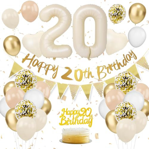 20. Geburtstag Deko Beige, Luftballon Deko 20. Geburtstag Frauen Männer, Geburtstagsdeko 20 Jahr, Grün Weiß Gold Luftballons 20 Geburtstags mit Banner Tortendeko für Geburtstags Party Dekoration