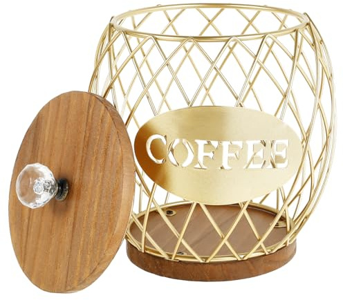 Coffee Pod Basket Holder Metal Coffee Pod Storage Basket with Dust Cover Hollow Design Coffee Pod Storage Container Large Capacity Sturdy Coffee Pod Organizer (golden)