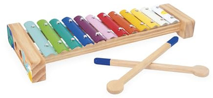 Janod - Xylophone en Bois et Métal - Instrument de Musique Enfant - 12 Touches et 2 Baguettes incluses - Jouet d'Imitation et d'Éveil Musical - Peinture à l'eau -Dès 18 Mois, J07663