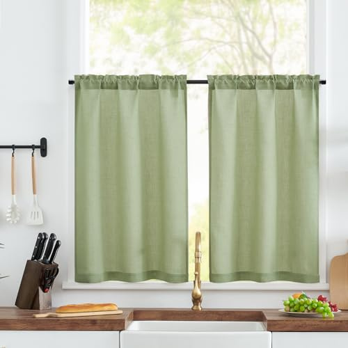 TOPICK Bistrogardiner, set med 2 vitriner, modern, vardagsrum, elfenben, gardin, köksfönster, kort, glasgardiner, kök, linnelook, 60 x 65 cm (h x b), köksgardiner, landlig stil, kort