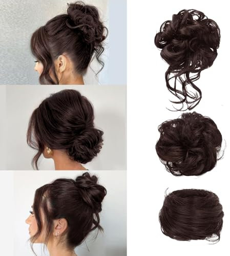 FDEETY 3 Stück Haarteil mit Gummiband Lockiges Welliges Synthetisches Messy Bun Dutt Haarteile Hochsteckfrisur Haarschmuck für Damen Haarteile für Dünnes Haar (Dunkelbraun)