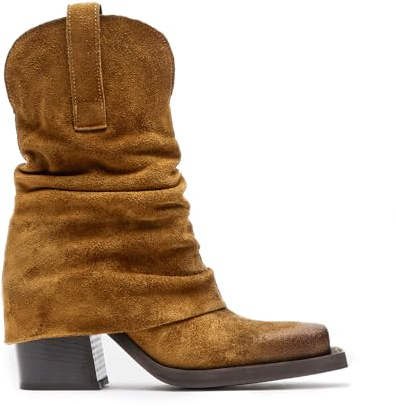 XBKXMK Brown Suede Fold over Boots Square Toe Chunky Block Heel Mid Calf Boots Pull on Cowboy Cowgirl Western Slouchy Ankle Booties