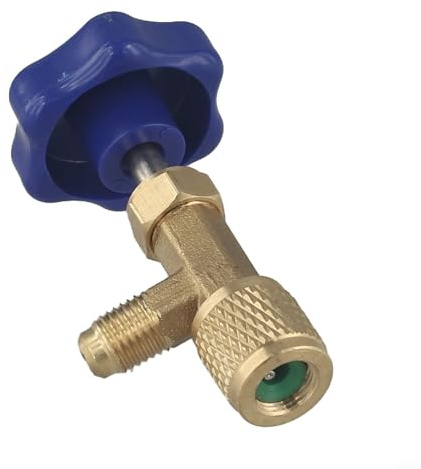 Yuanpgky Abridor de botellas de baja presión para gas R22, R134a, R410A con conector SAE de 1/4 y tornillo de apertura de 1/2, cuerpo de válvula de acero inoxidable y latón, (azul)