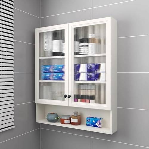 Armario Baño Pared Blancos Material de Aleación de Aluminio Puerta de Cristal Ranurada, Resistente Al Agua y Al Óxido Muebles Baño Suspendido Moderno, Instalación de Perforaciones(100 * 60cm)