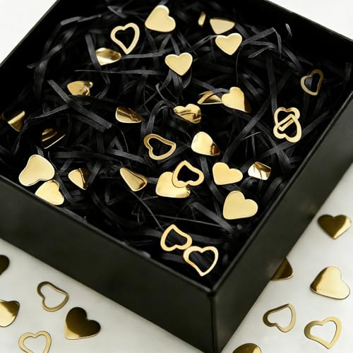 LIANRISES 100g Black Shredded Paper for Hampers, Christmas Shredded Tissue Paper Filling for Valentine's Day, Wedding, Birthday, Baby Shower, Gift Packaging, With 10g Heart Confetti