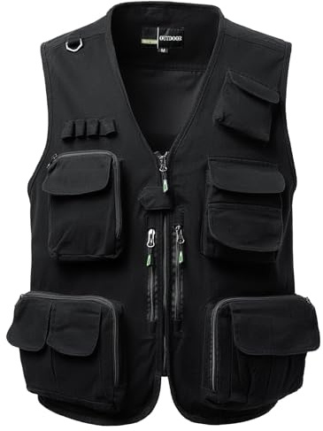 Yukirtiq Chaleco de Caza para Hombre Chaqueta Safari Sin Mangas Multibolsillos Chaleco de Pesca Trabajo, Negro, XL